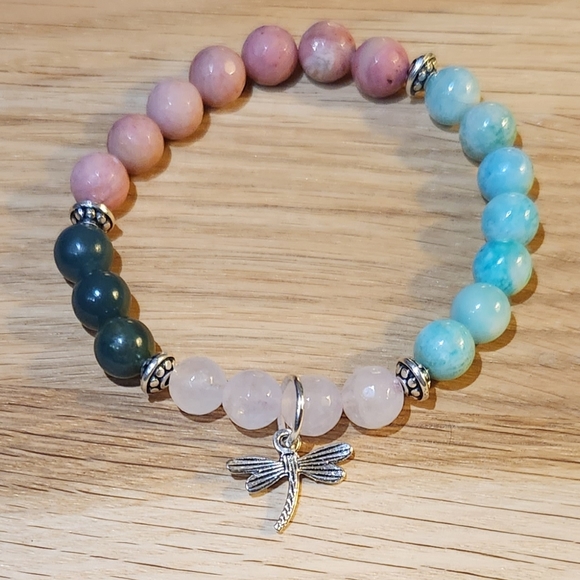 Hand Crafted Jewelry - Handcrafted Rhodonite, Green Moss Agate, Rose Quartz & Amazonite Beads Bracelet